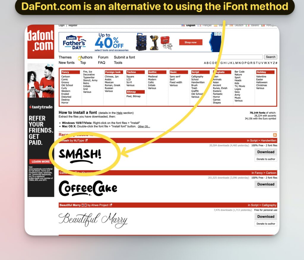 DaFont.com is an alternative to using the iFont method