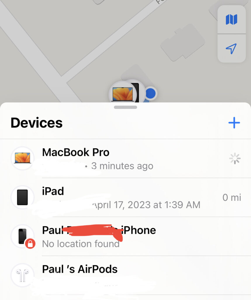 Example of Locating AirPod using iPhone findmy App