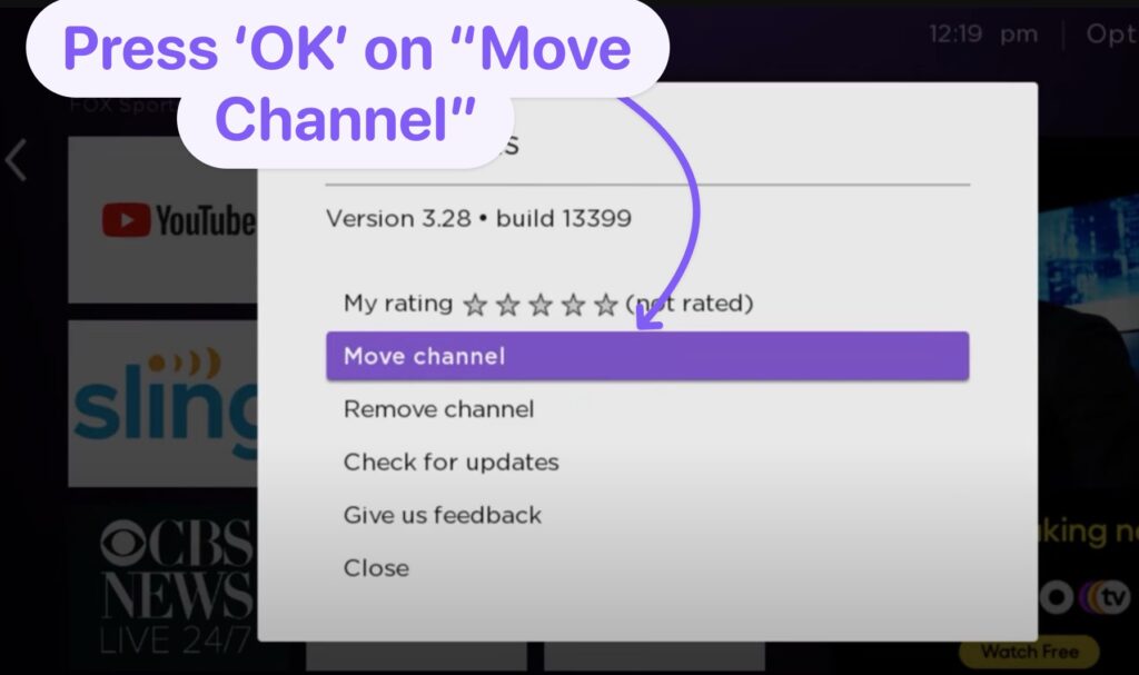 Press Okay on move channel ste p2 roku app move rearrange channels 2
