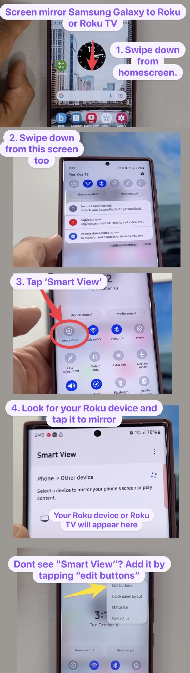 Screen mirror Samsung Galaxy to Roku or Roku TV scaled