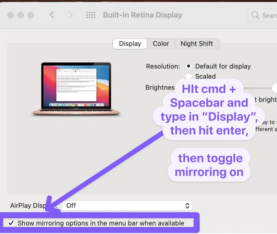 Toggling airplay mac mirror on