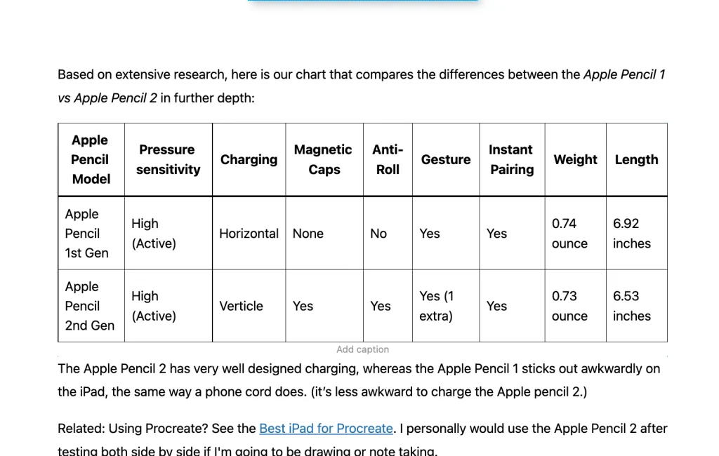 Apple Pencil Chart differences compared