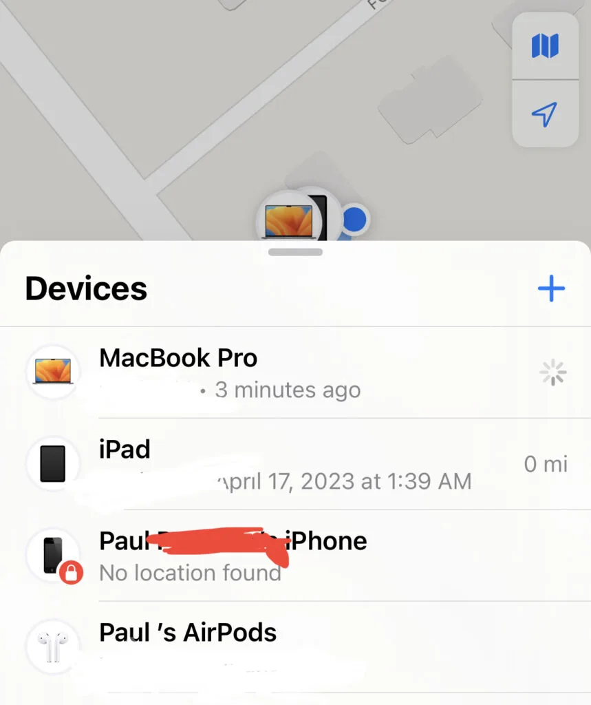 Example of Locating AirPod using iPhone findmy App