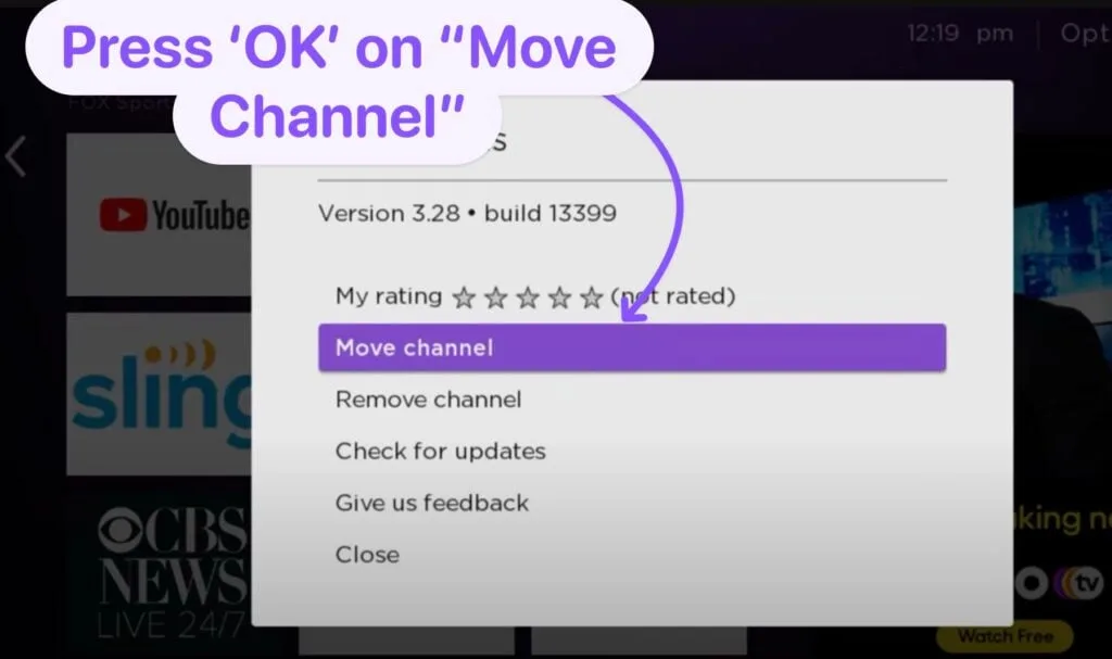 Press Okay on move channel ste p2 roku app move rearrange channels 2