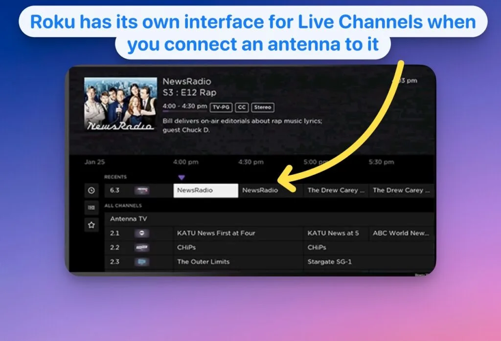Roku has its own interface for Live Channels when you connect an antenna to it