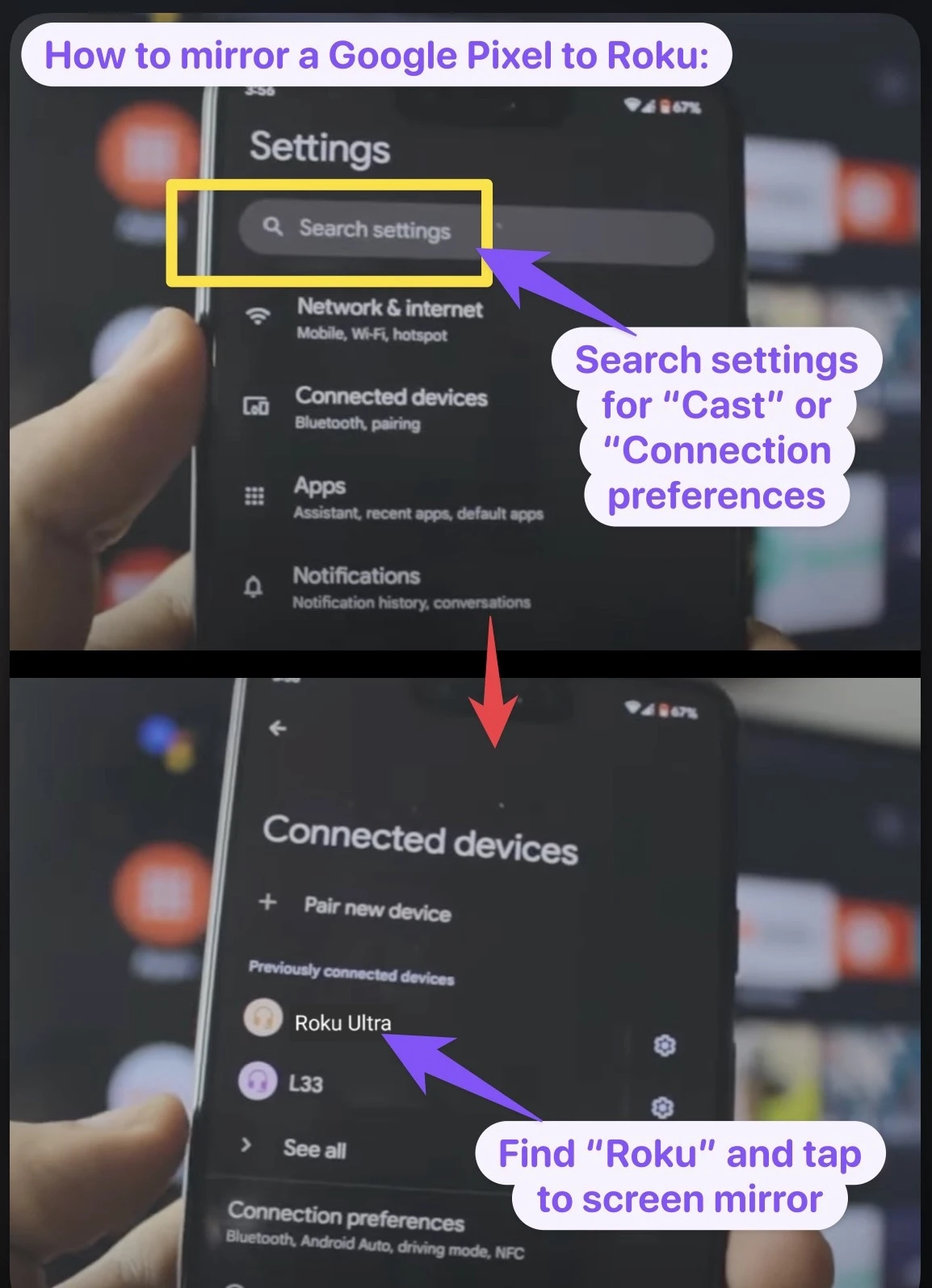 Screen mirror or screen cast google pixel to Roku