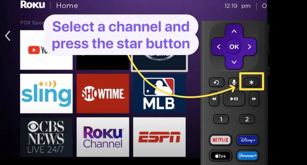 Select a channel and press the star button to move roku app channel 1