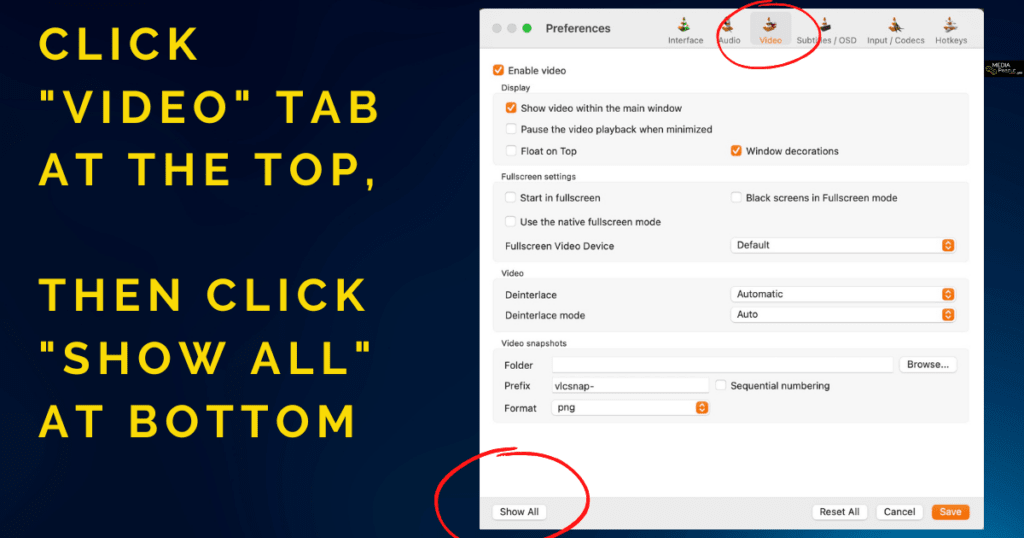 step 1.5 click video then show all vlc mac