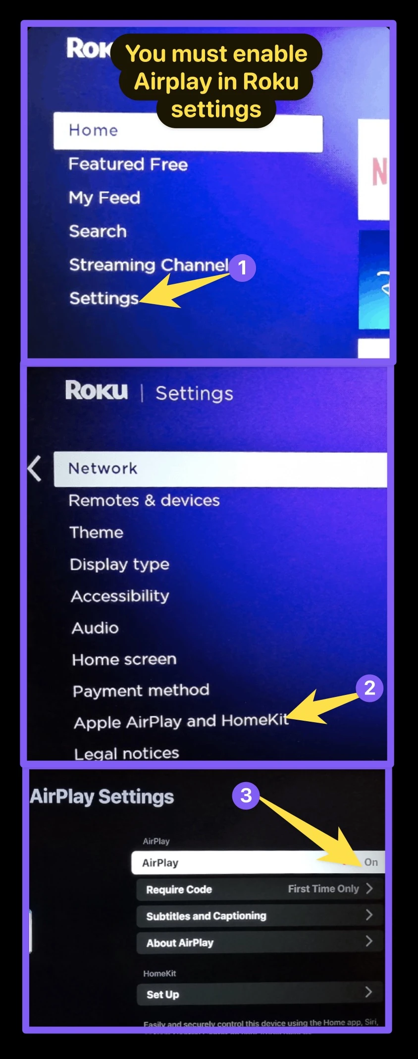 You must enable Airplay in Roku settings before mirroring to Roku from iphone or ipad